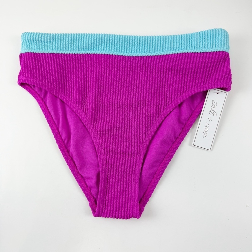 Salt + Cove Bikini Bottom Juniors Size Medium Pink Blue Crinkle Swim Ribbed NWT